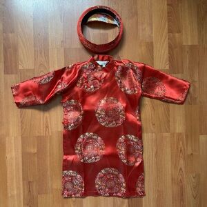 VIETNAMESE | Boy Toddler Aó Dài Red Asian Chinese Print Matching Hat Headband
